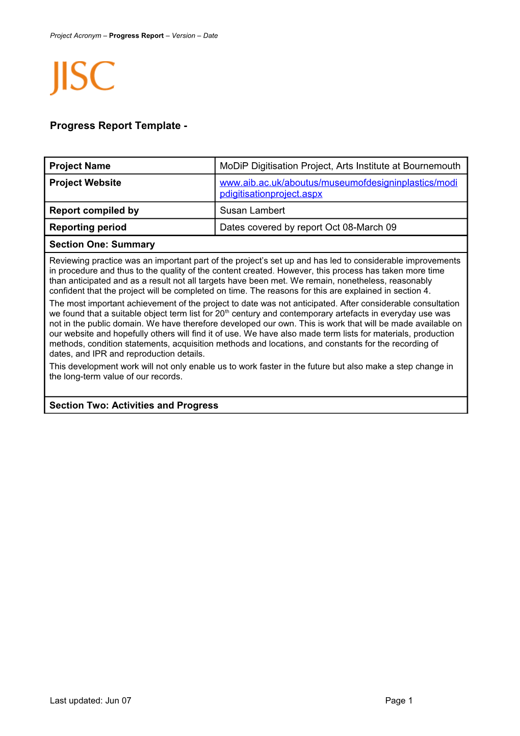 Modip JISC Progress Report