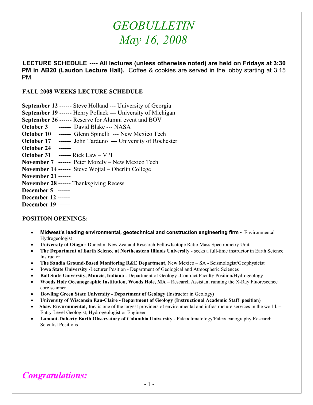 U Fall 2008 Weeks Lecture Schedule