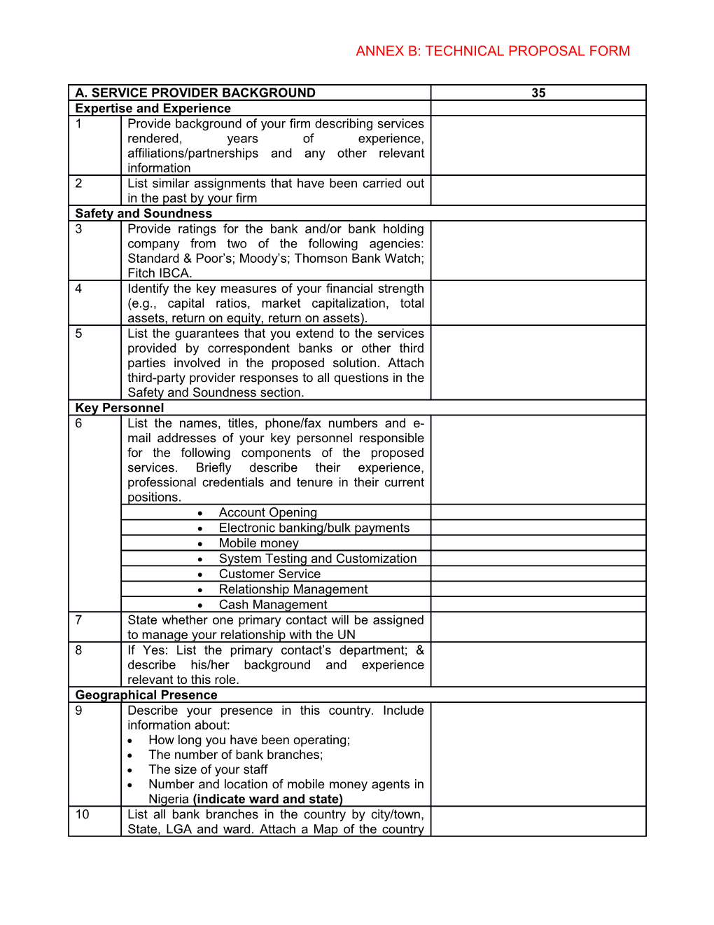 Annex B: Technical Proposal Form