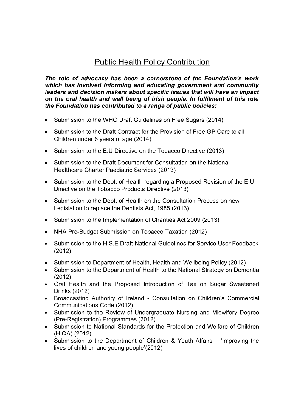 Public Health Policy Contribution