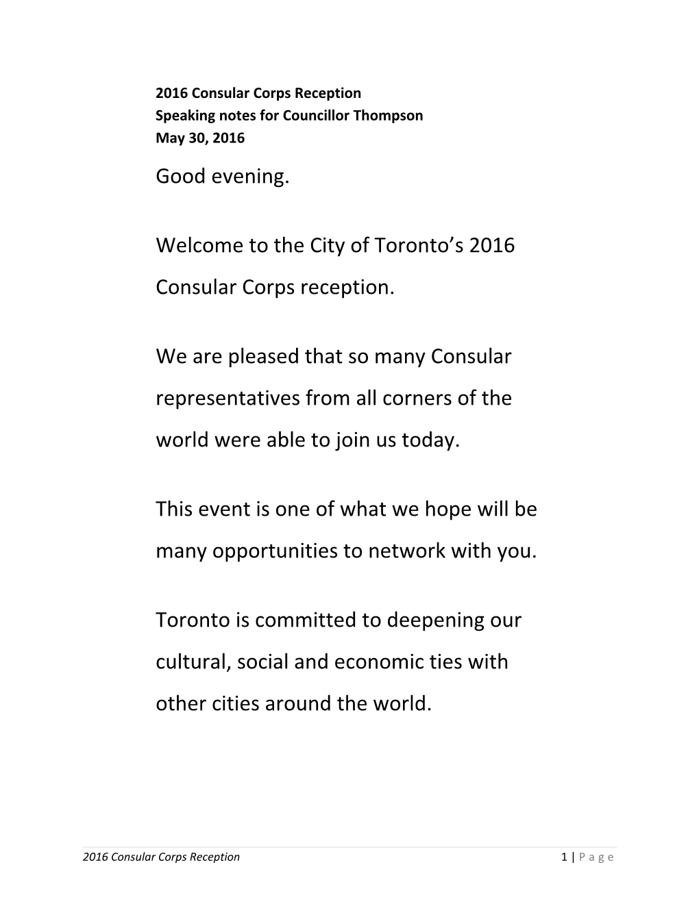 Welcome to the City of Toronto S 2016 Consular Corps Reception