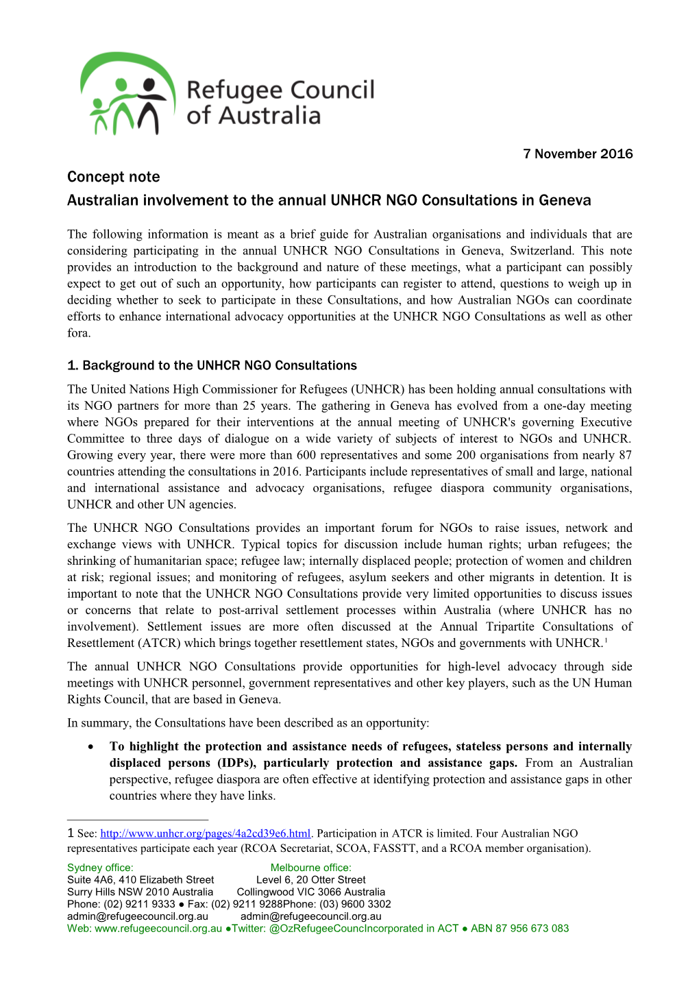 Australian Involvement to the Annual UNHCR NGO Consultations in Geneva