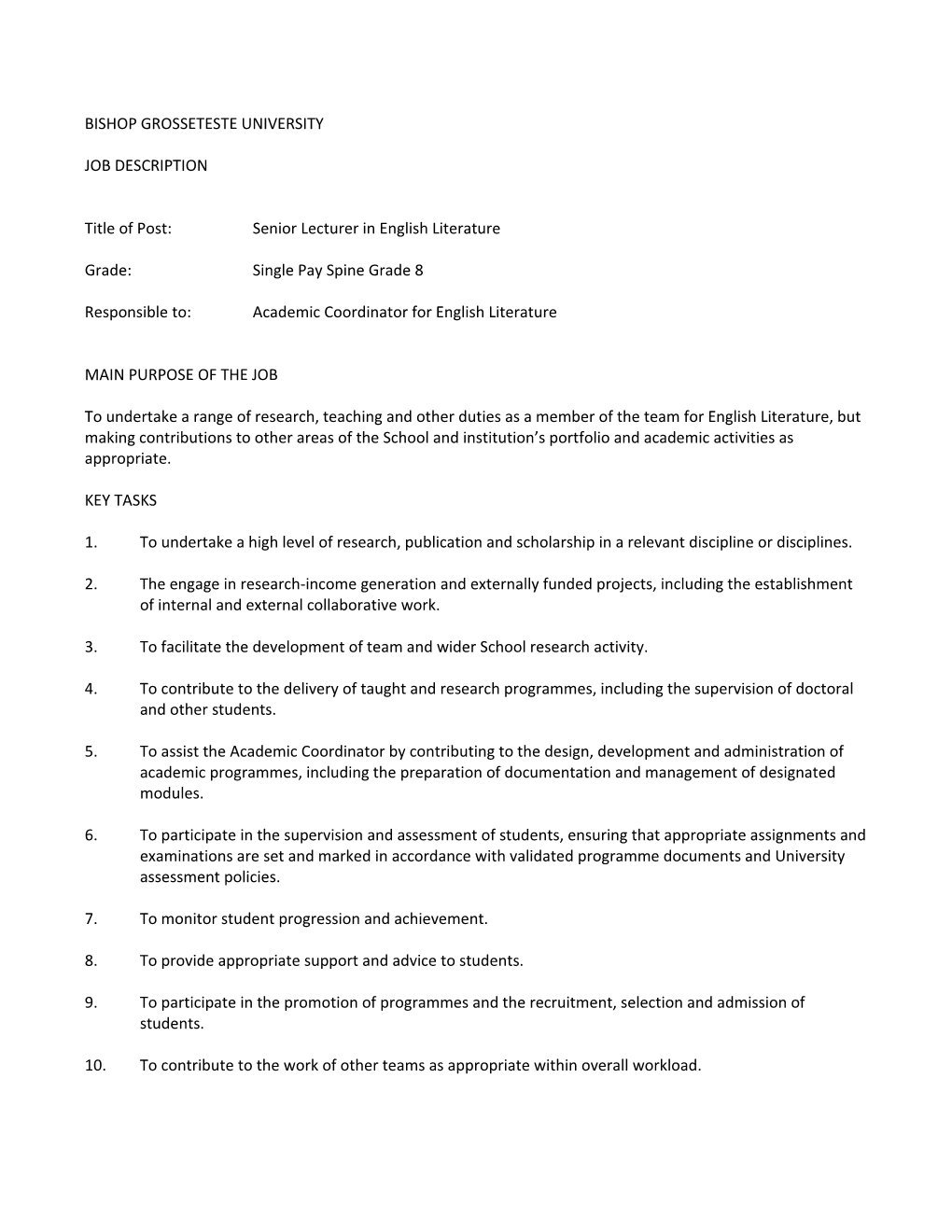 Draft of Typical Job Description for Senior Lecturer in Education Studies