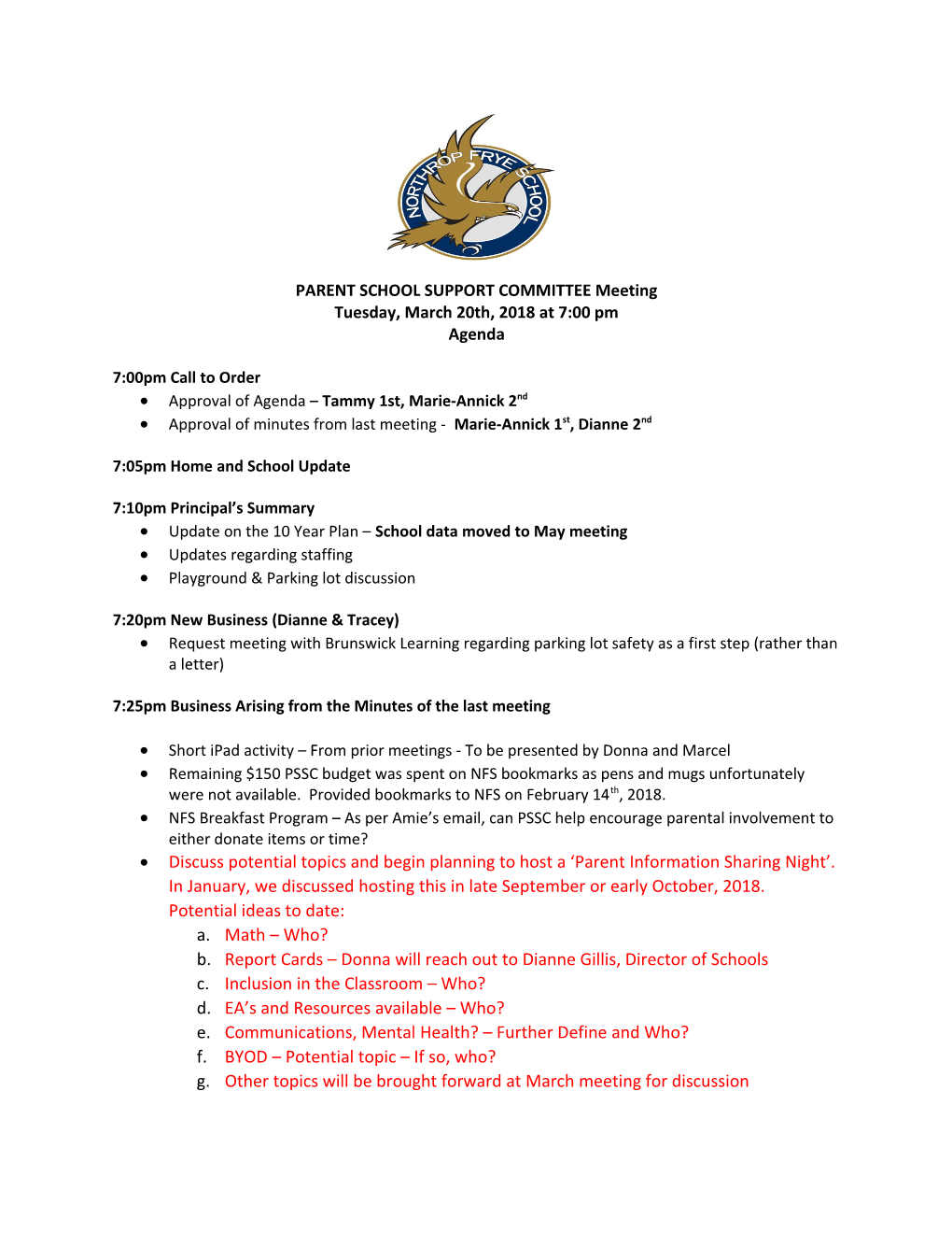 Northrop Frye School PSSC Meeting Minutes
