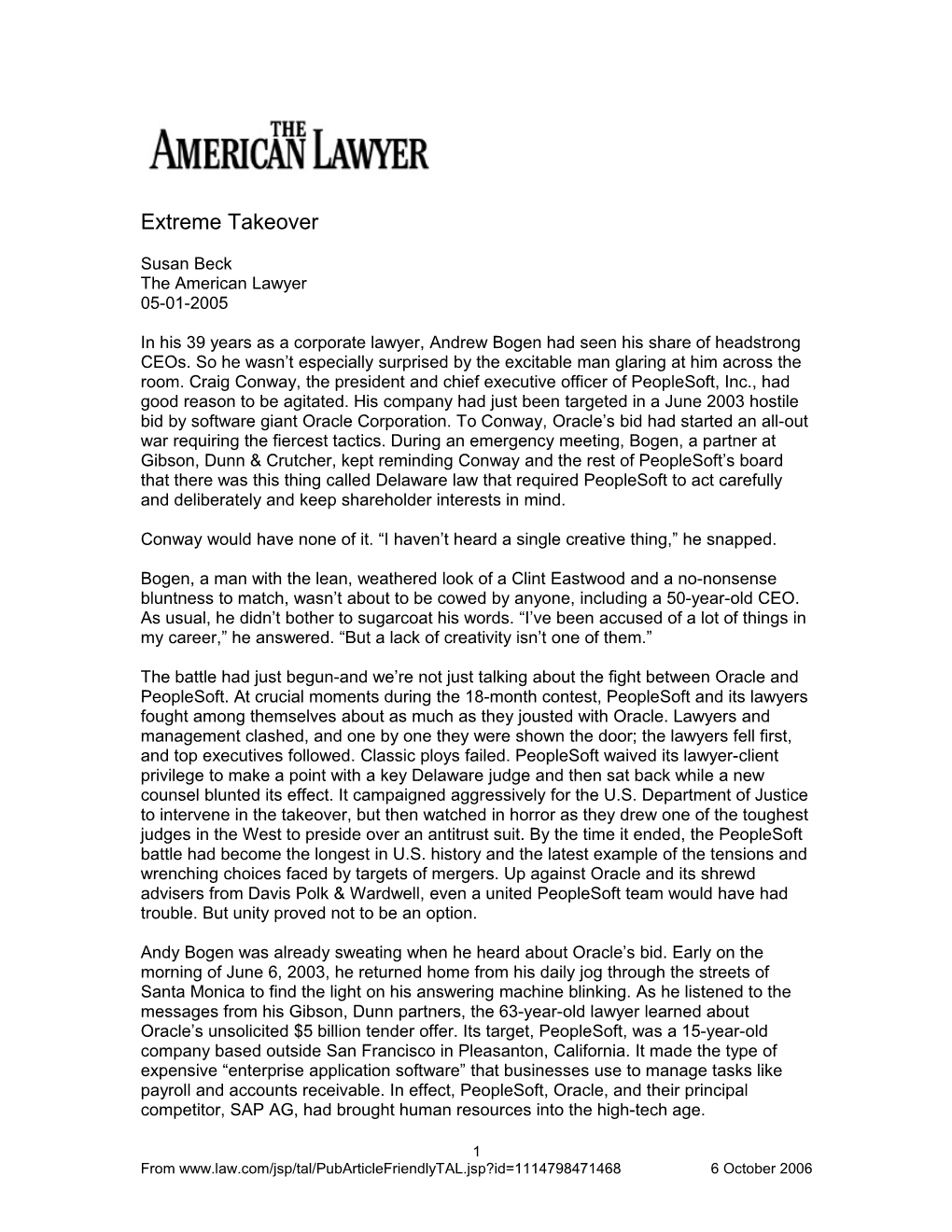 Extreme Takeover Susan Beck the American Lawyer 05-01-2005 in His 39 Years As a Corporate