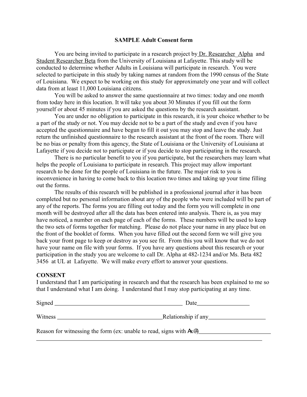 SAMPLE Adult Consent Form