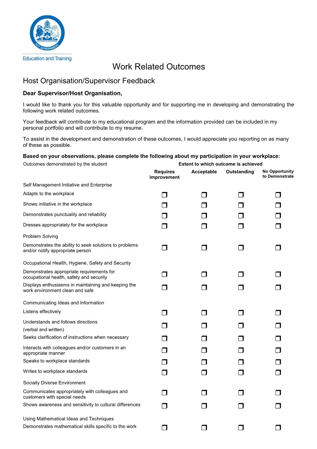 Work Related Outcomes - Host Organisation/Supervisor Feedback