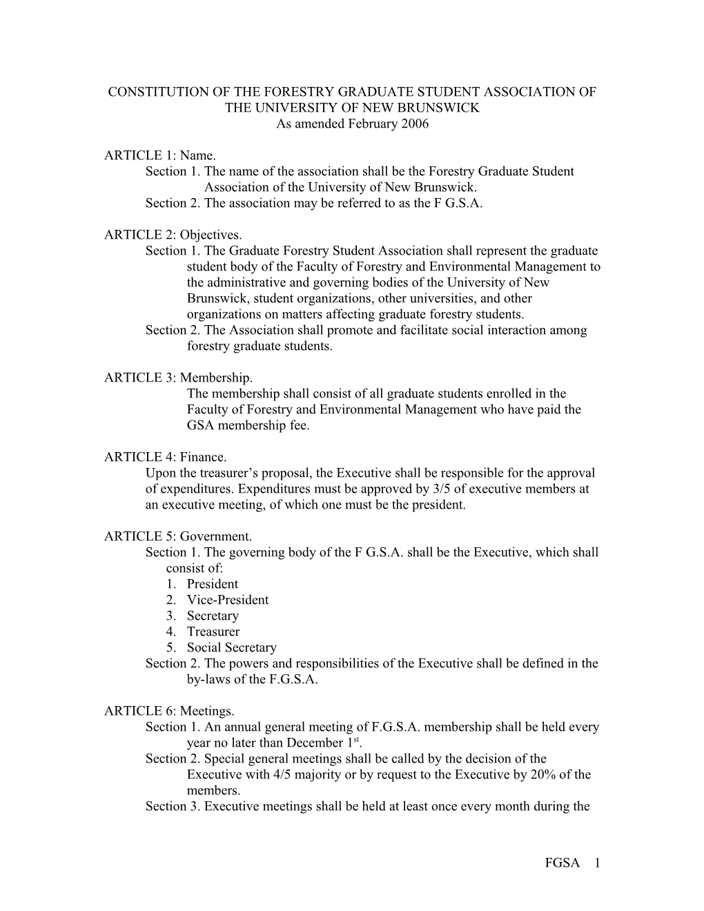 Constitution of the Forestry Graduate Student Association of the University of New Brunswick