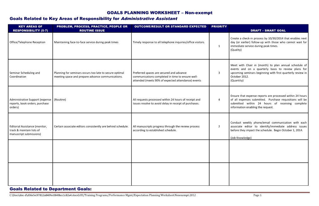 GOALS PLANNING WORKSHEET Non-Exempt