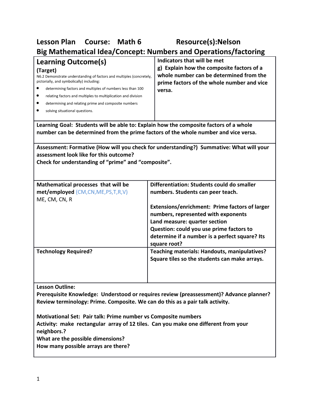 Lesson Plan Course: Math 6 Resource(S):Nelson