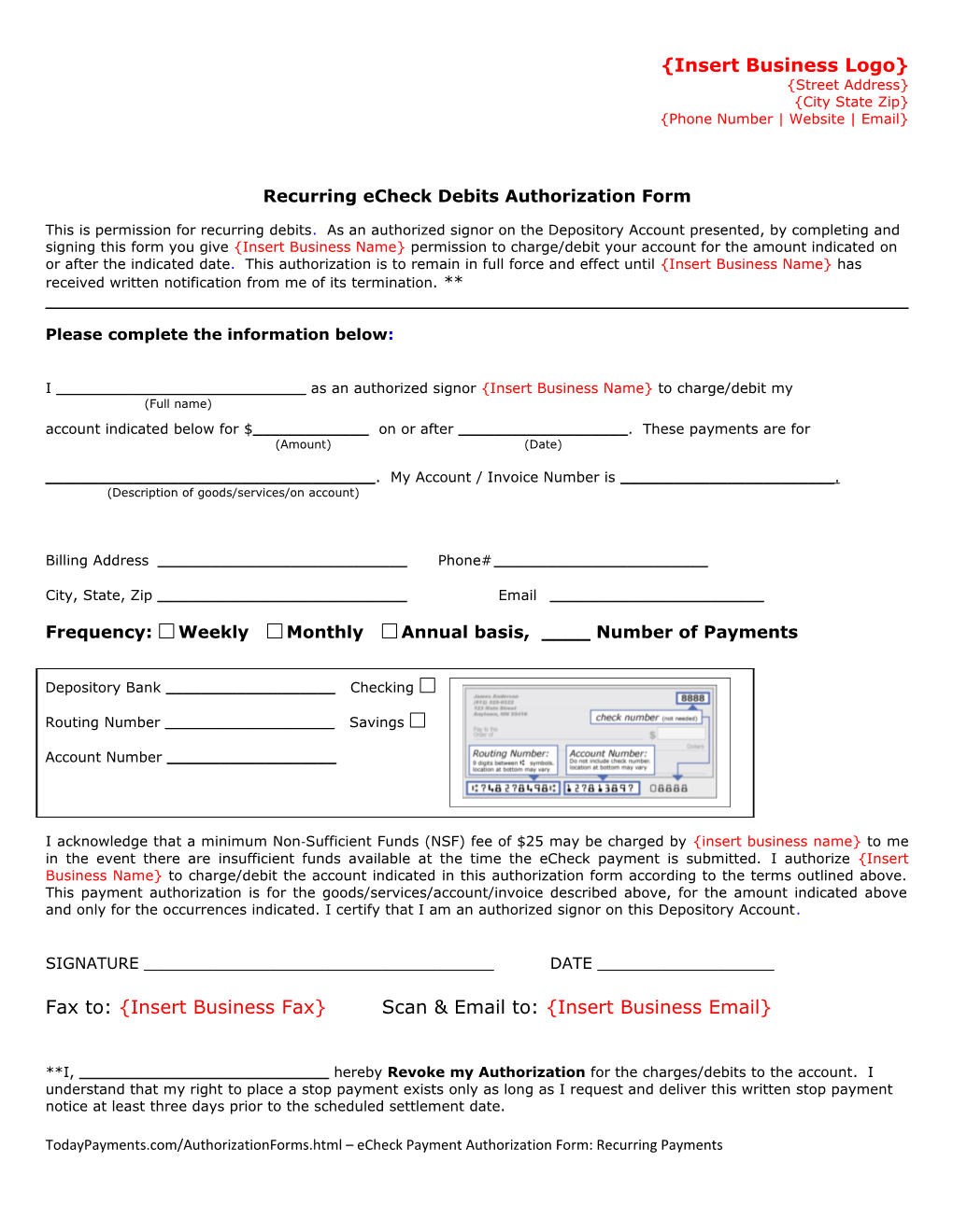 Recurring Echeck Debit Authorization Form