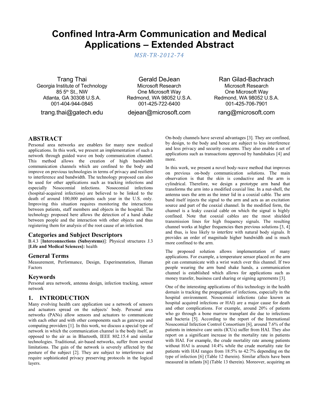 Confined Intra-Arm Communication Andmedical Applications Extended Abstract