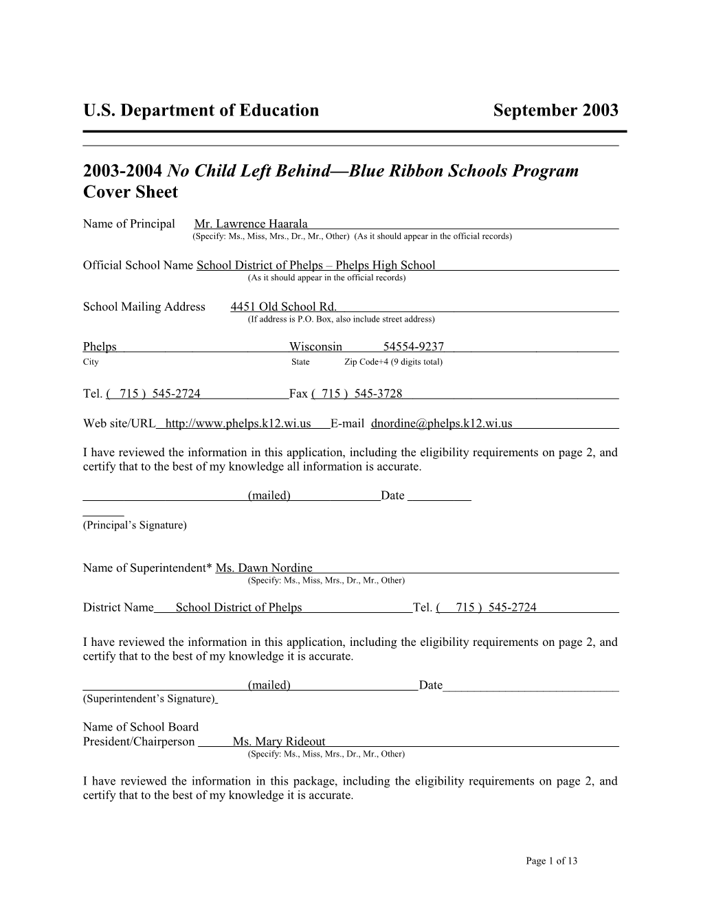 Phelps High School 2004 No Child Left Behind-Blue Ribbon School Application (Msword)