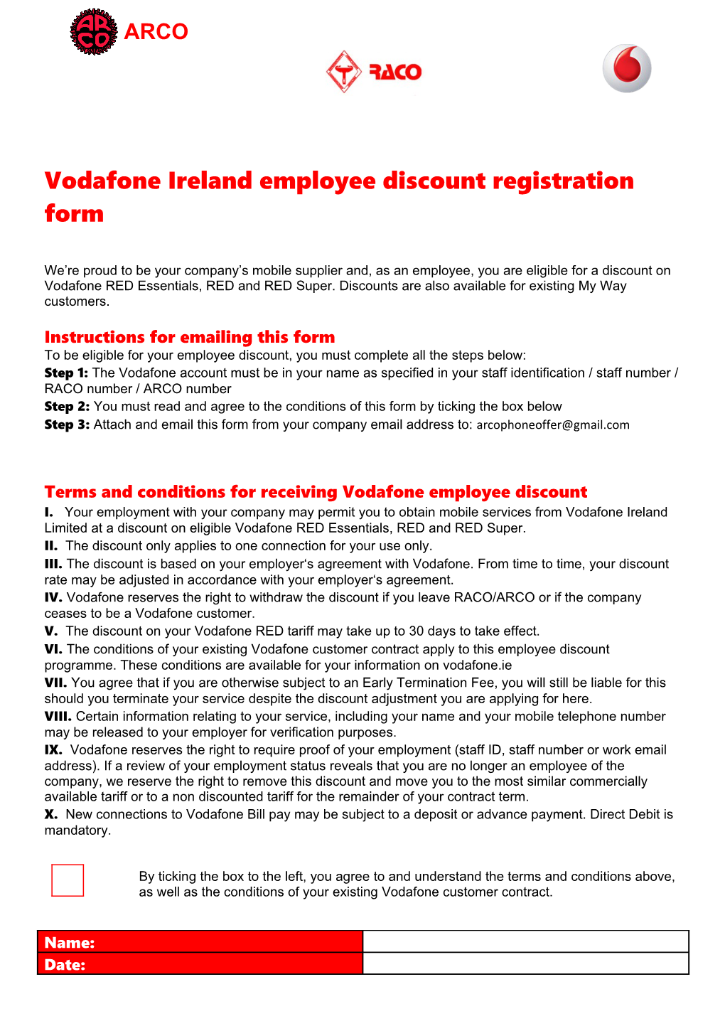 Vodafone Ireland Employee Discount Registration Form