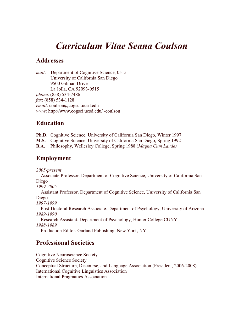 Curriculum Vitae Seana Coulson
