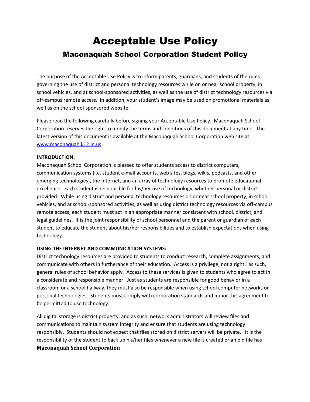 Acceptable Use Policy Maconaquah School Corporationstudent Policy