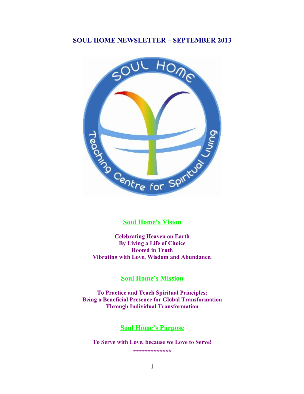 Soul Home Newsletter September 2013