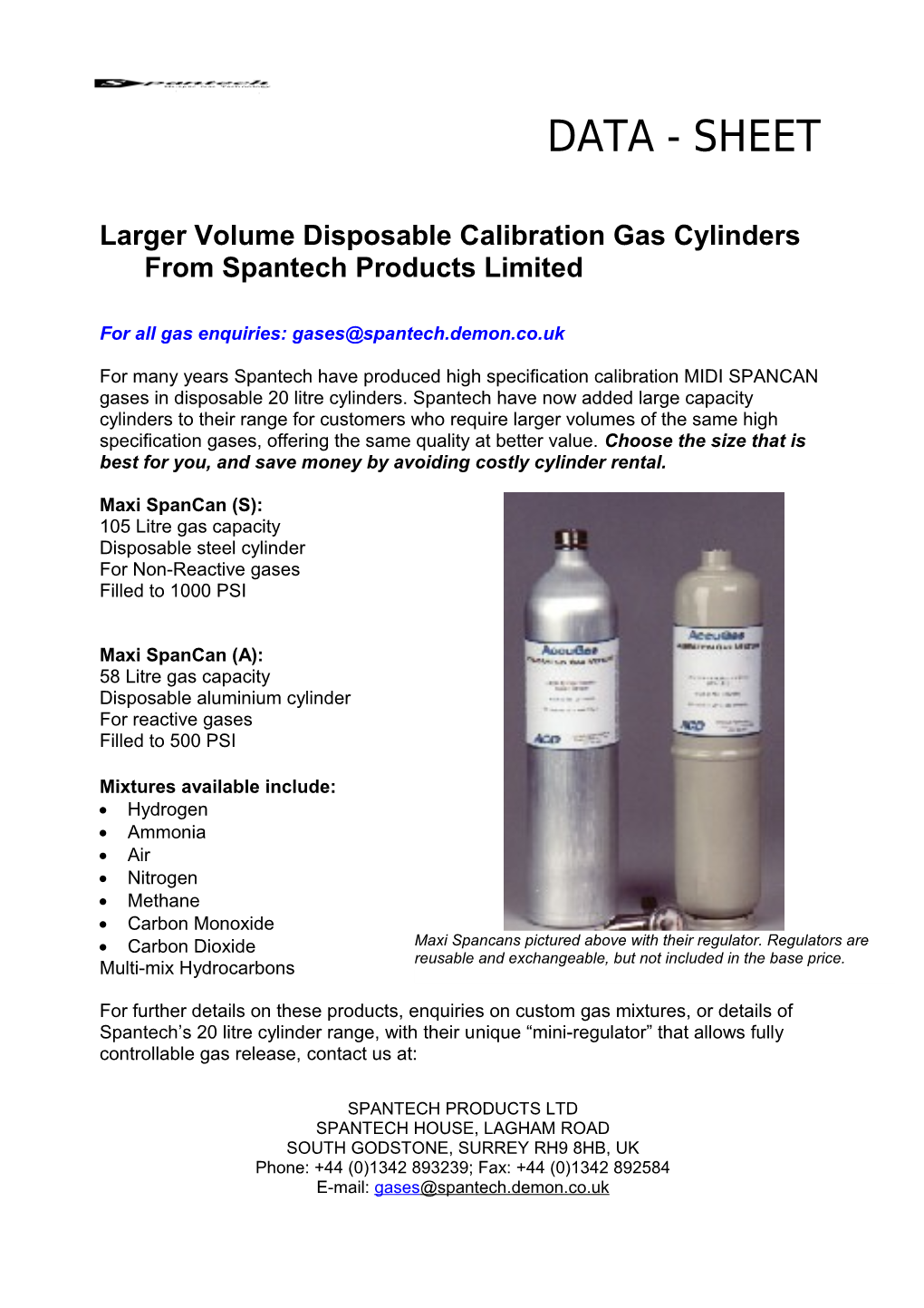 Larger Volume Disposable Calibration Gas Cylinders from Spantech Products Limited