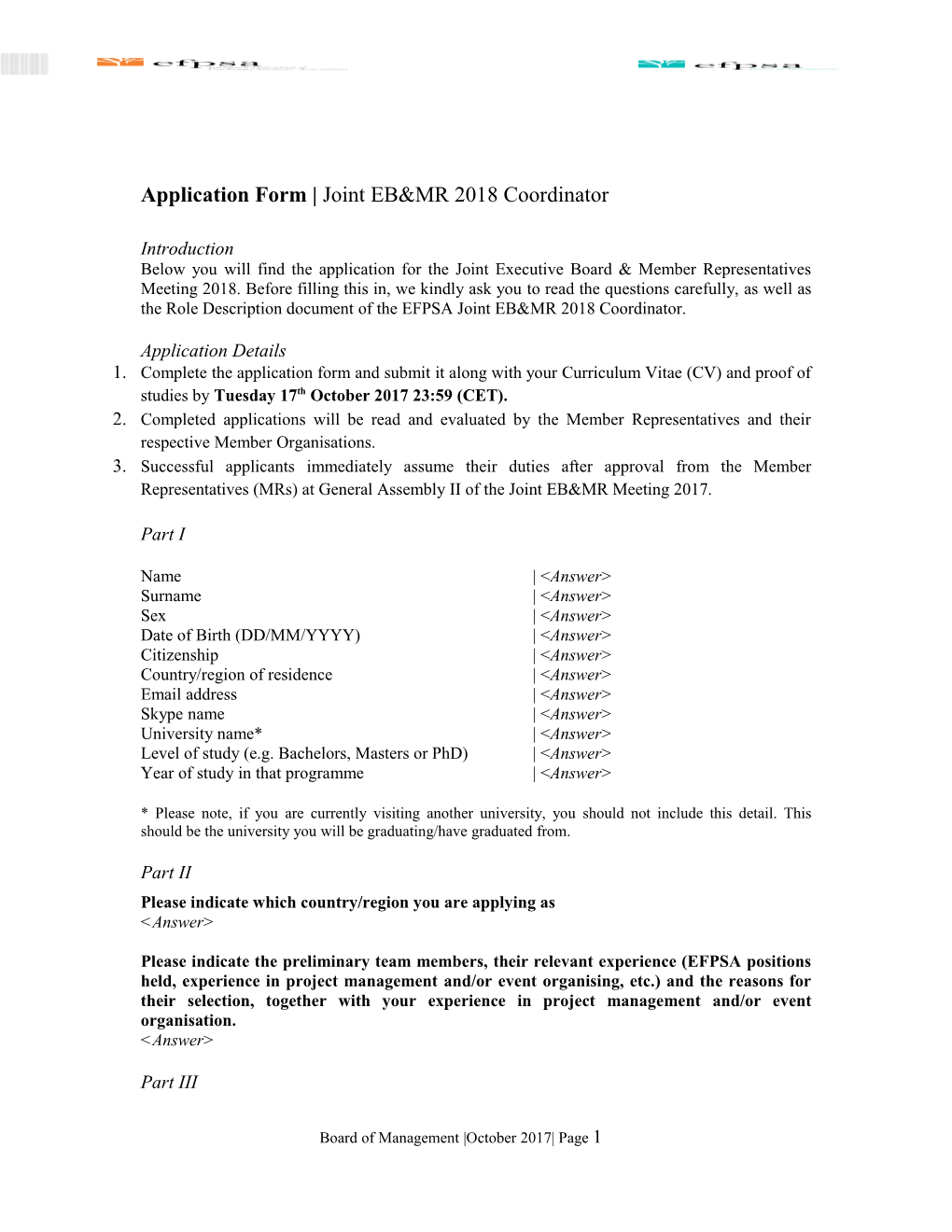 Application Form Joint EB&MR 2018 Coordinator