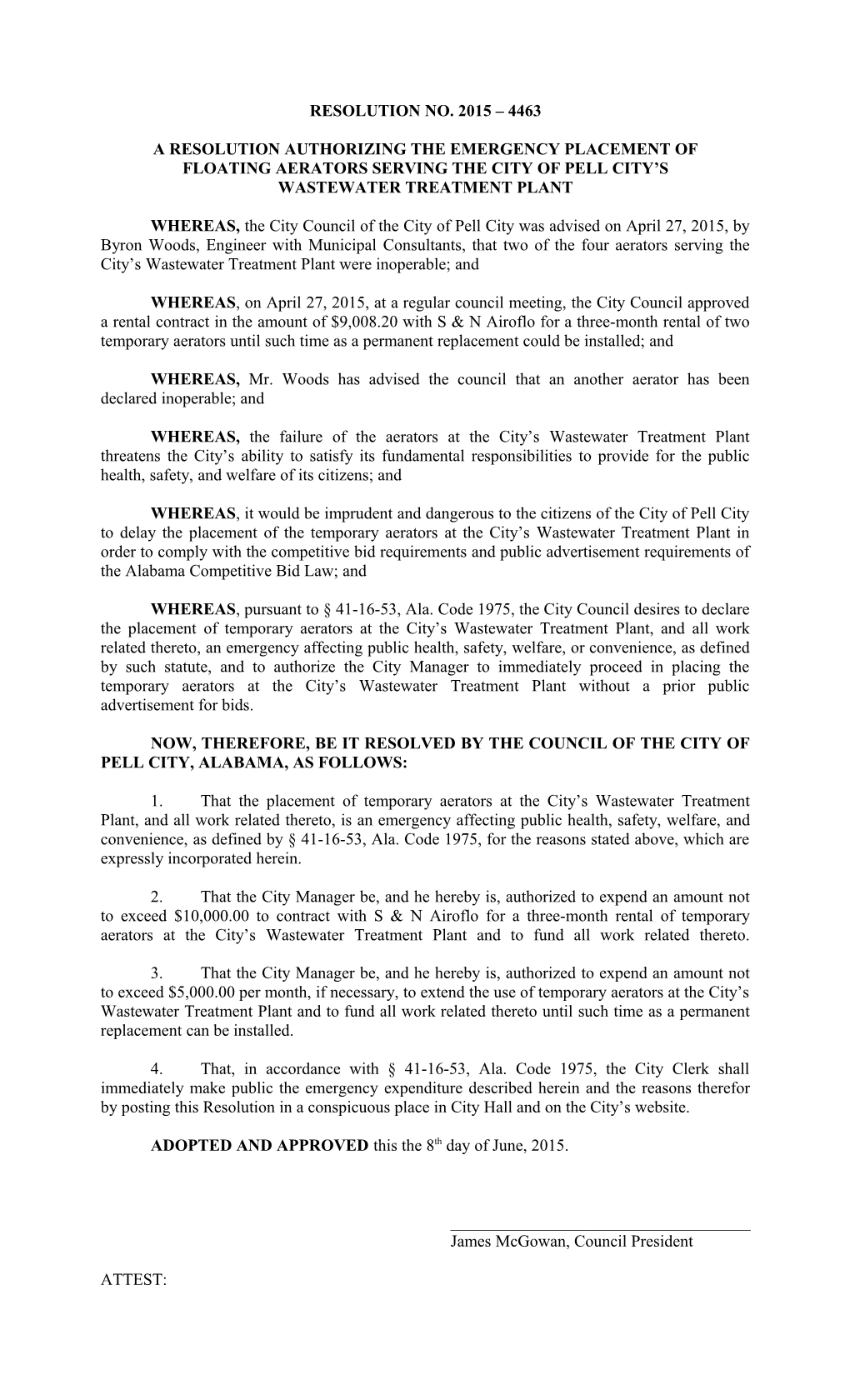 A Resolution Authorizing the Emergency Placement of Floating Aerators Serving the City