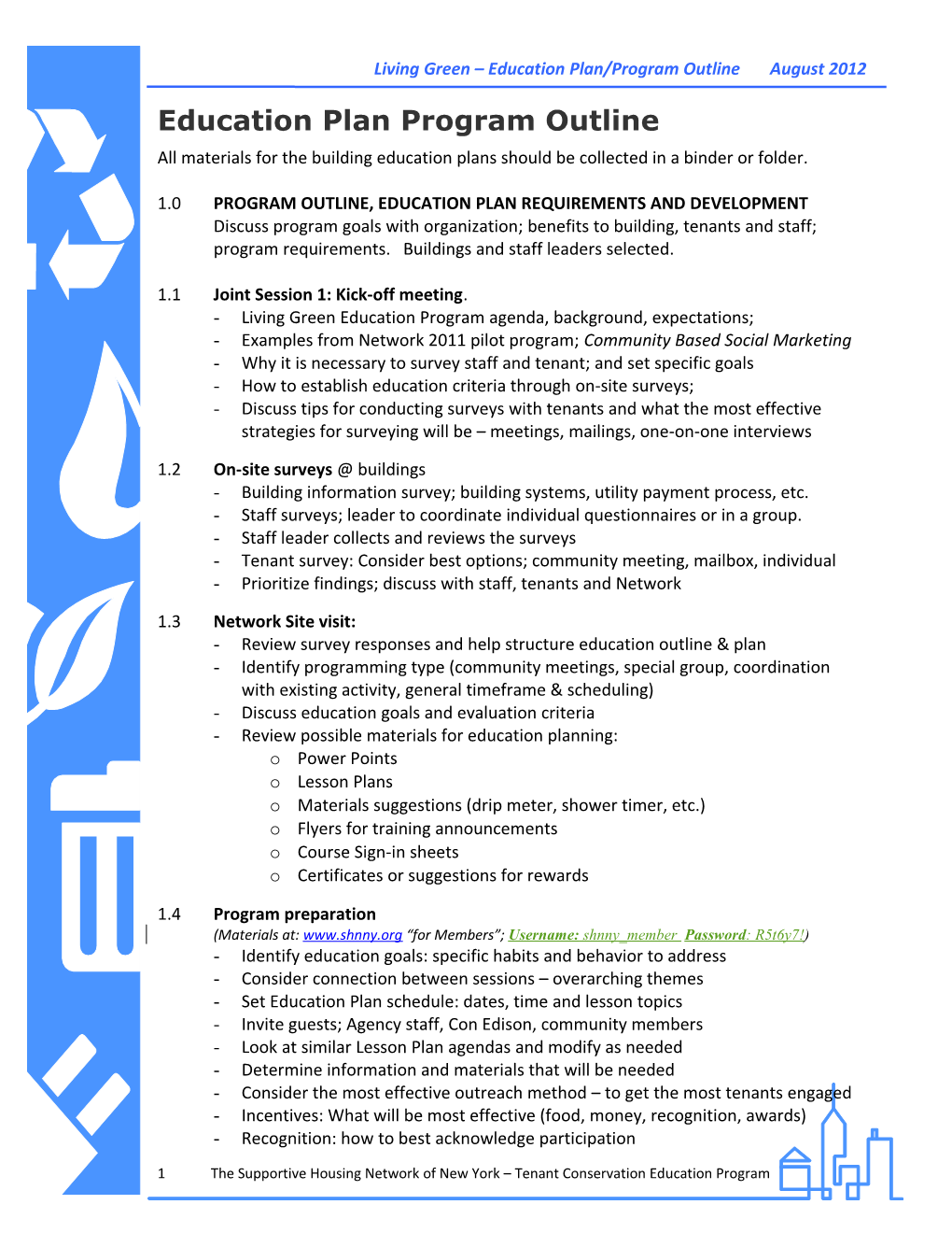 Living Green Education Plan/Program Outline August 2012