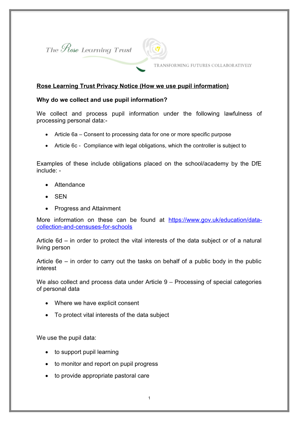 Rose Learning Trust Privacy Notice (How We Use Pupil Information)