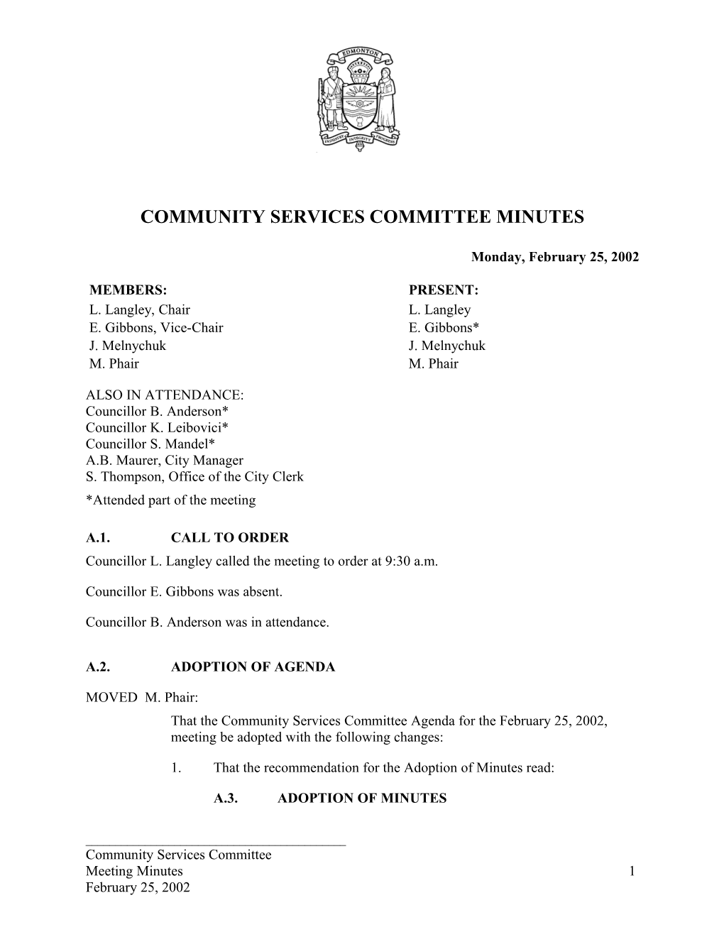 Minutes for Community Services Committee February 25, 2002 Meeting