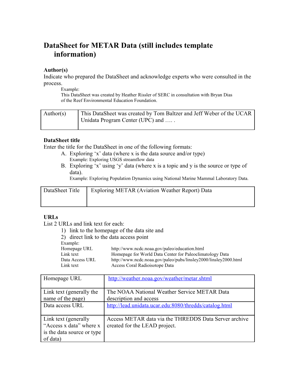 Datasheet for METAR Data (Still Includes Template Information)