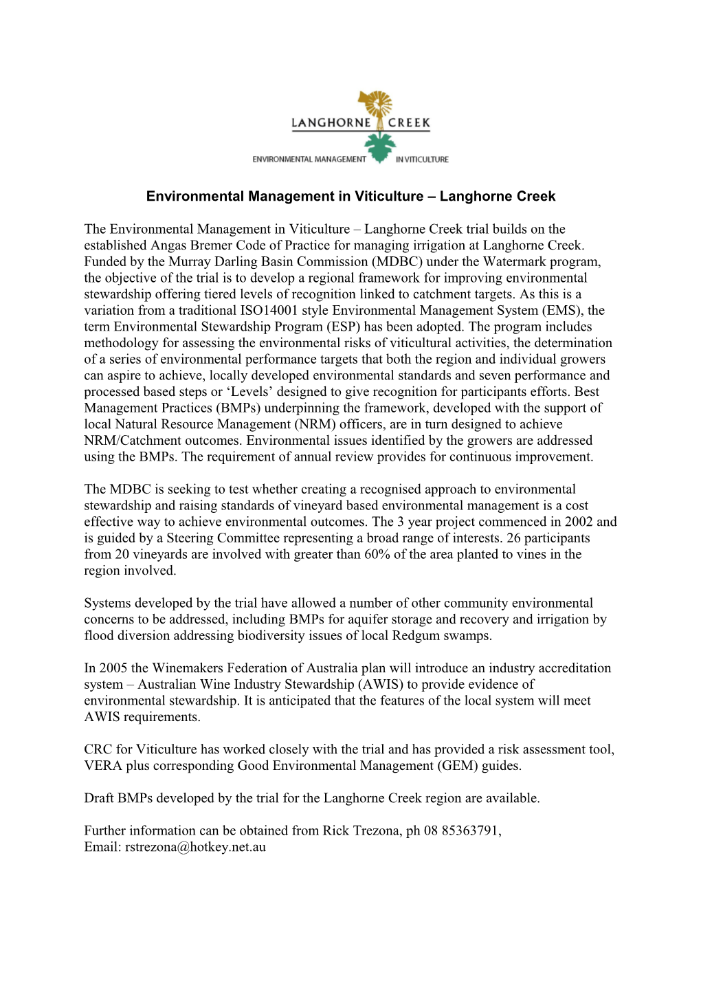 Environmental Management in Viticulture Langhorne Creek