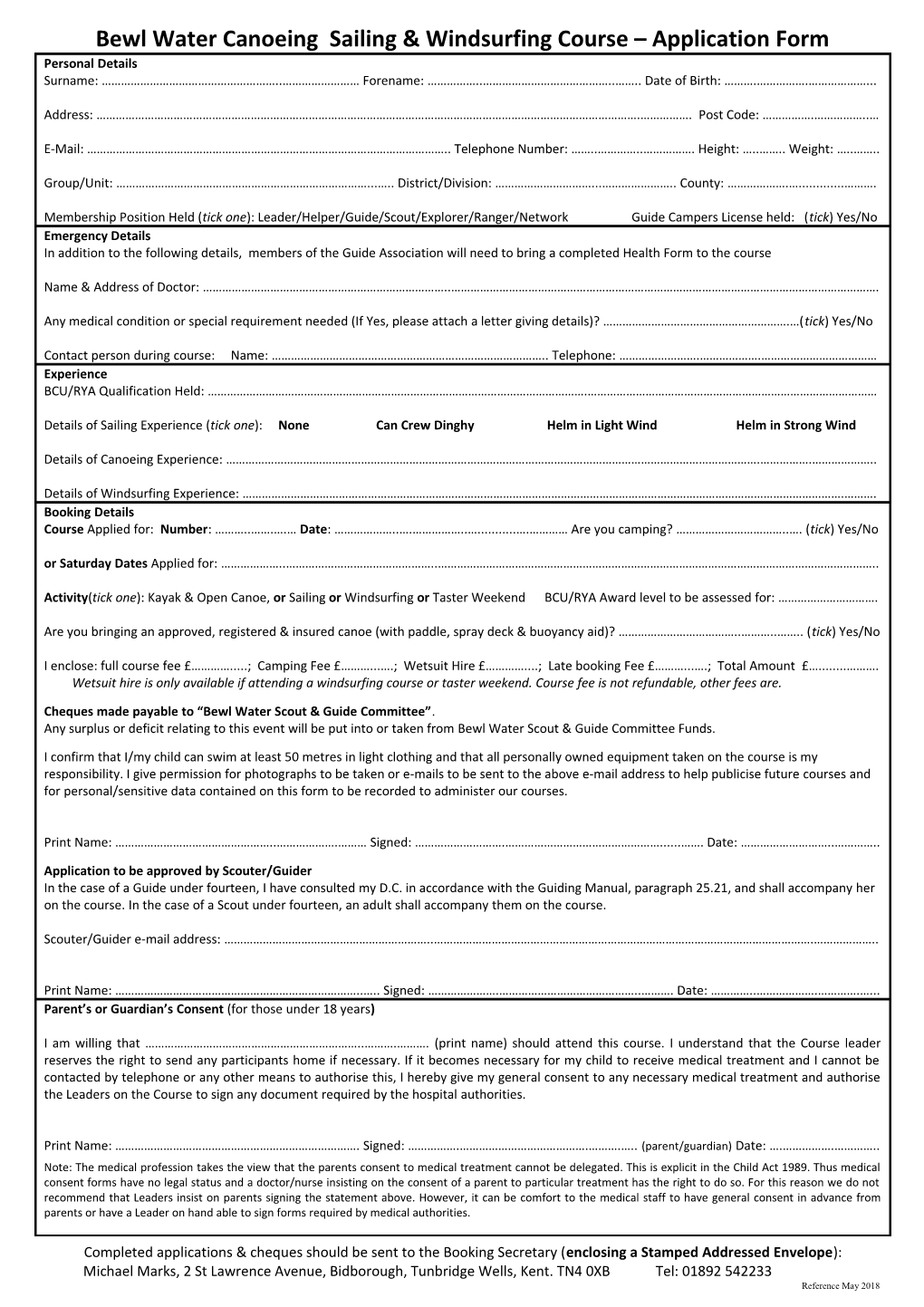 Bewl Water Canoeing Sailing & Windsurfing Course Application Form