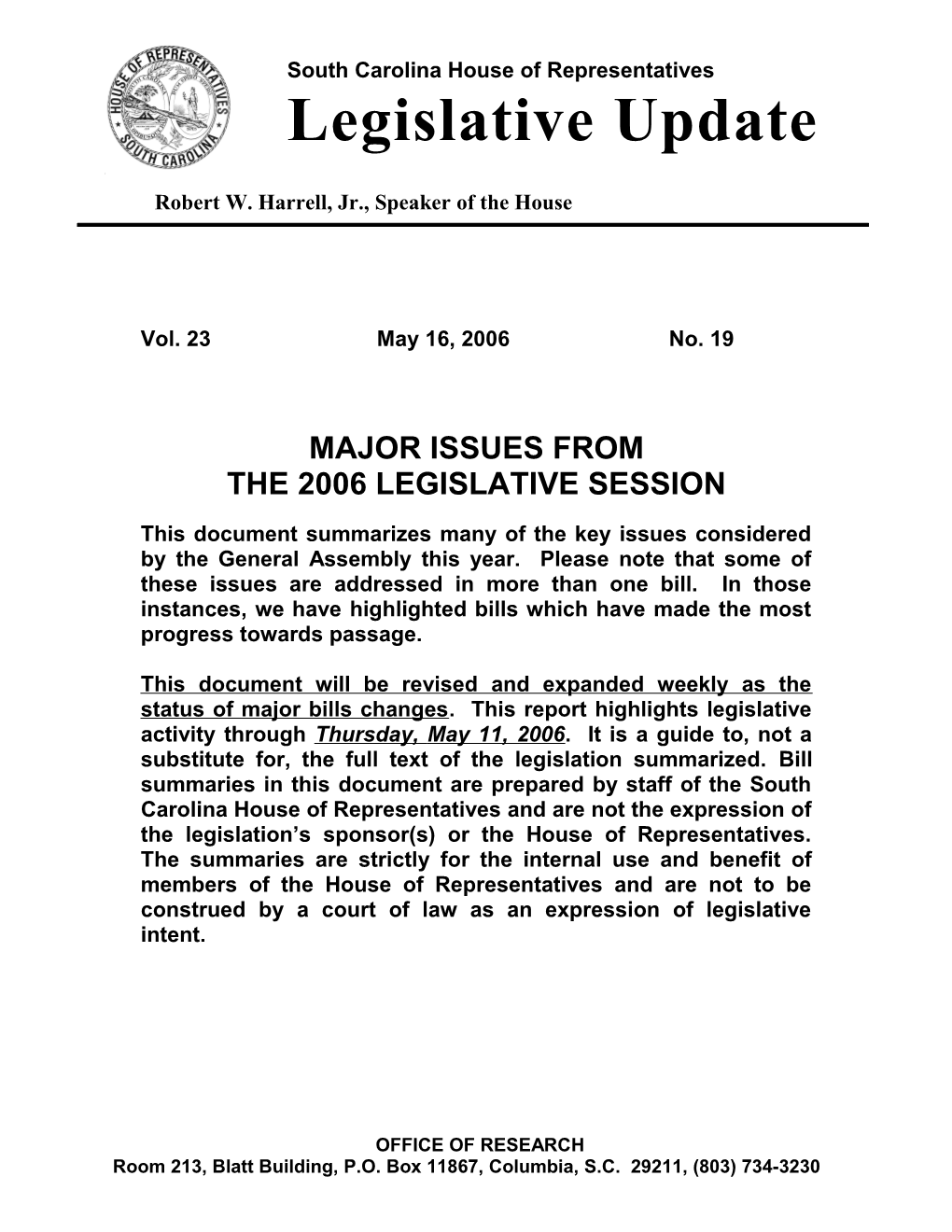 Legislative Update - Vol. 23 No. 19 May 16, 2006 - South Carolina Legislature Online