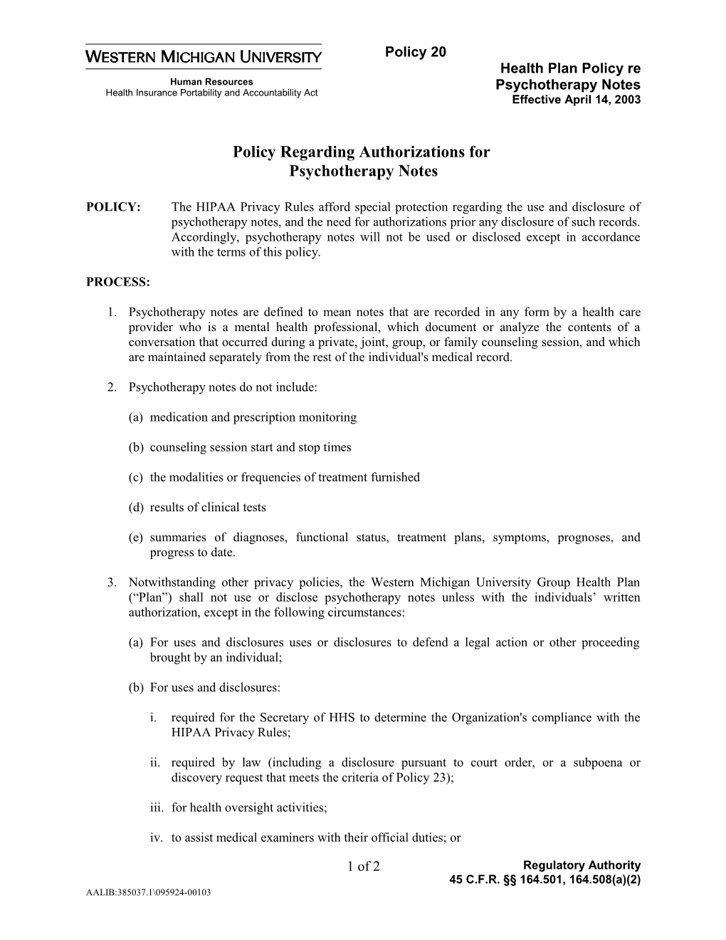 Policy Regarding Authorizations For