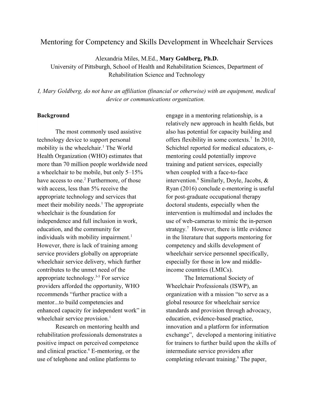 Mentoring for Competency and Skills Development in Wheelchair Services