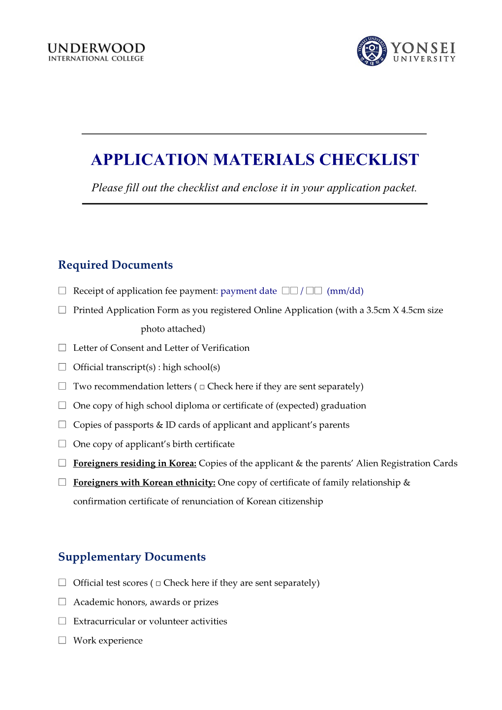 Application Materials Checklist