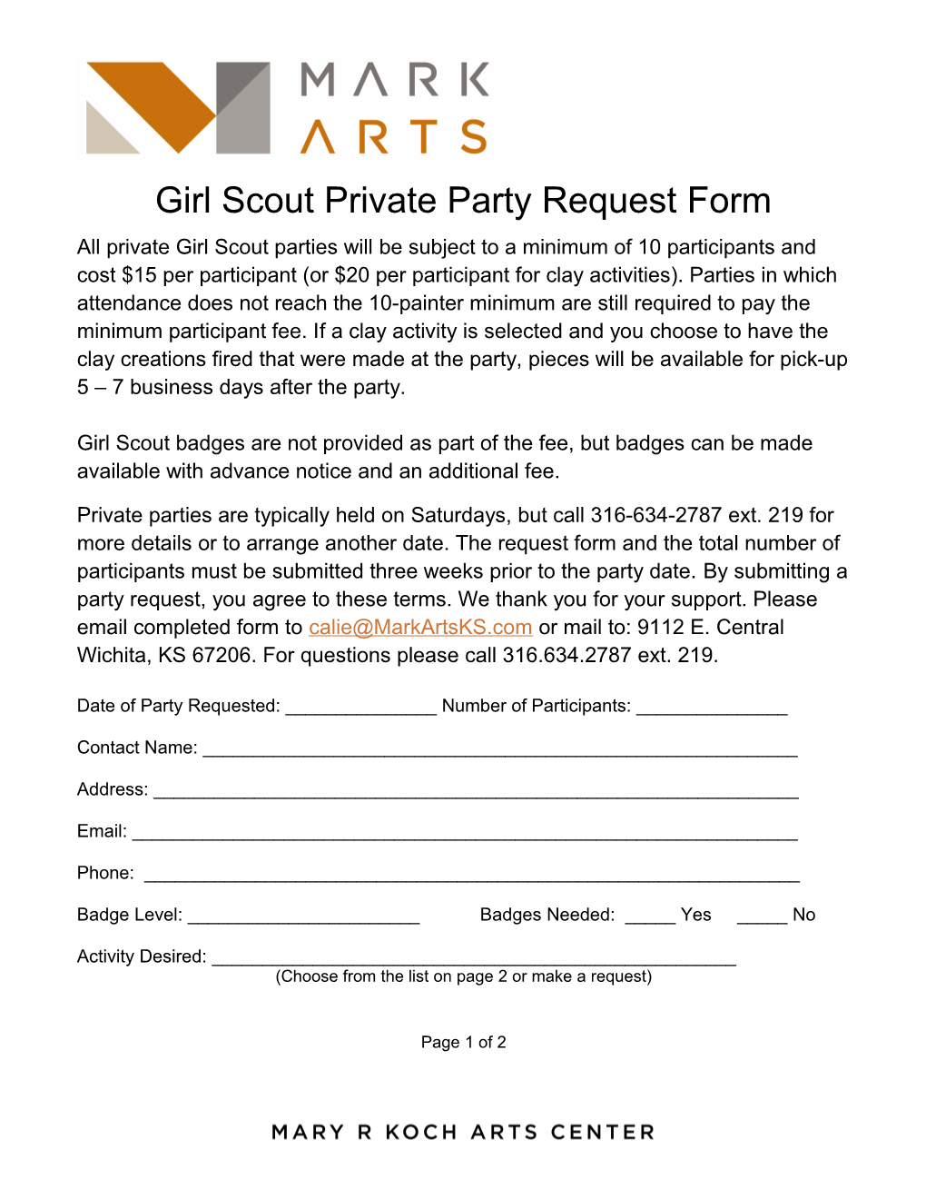 Girl Scout Private Party Request Form