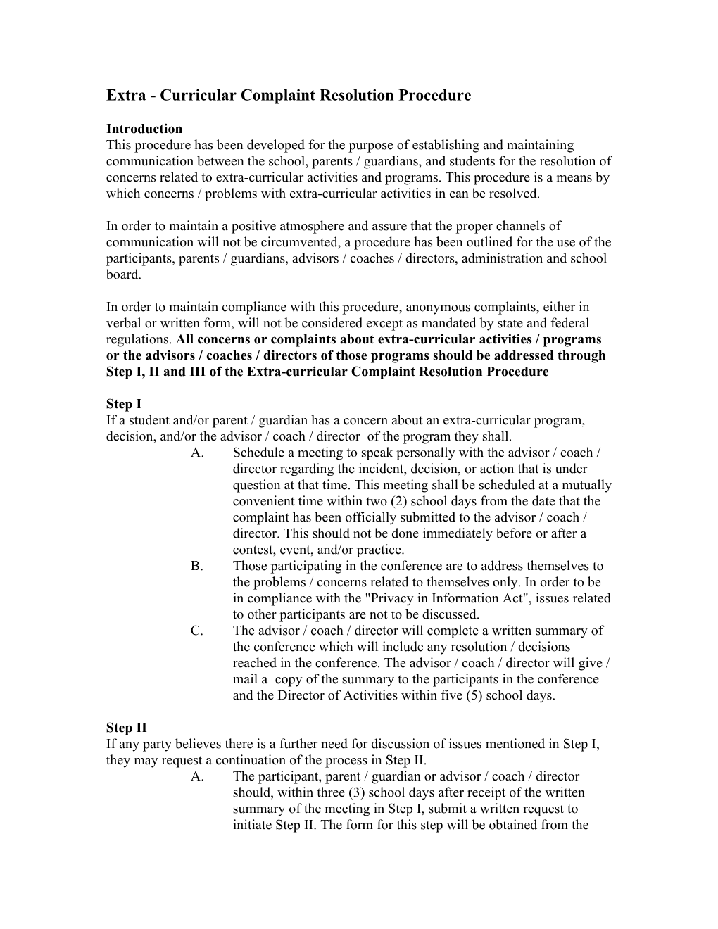 Extra - Curricular Complaint Resolution Policy