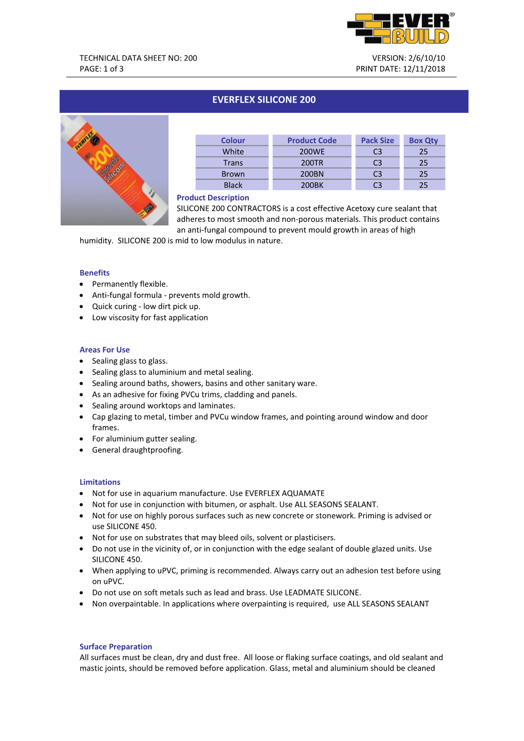 Technical Data Sheet No: 200Version: 2/6/10/10