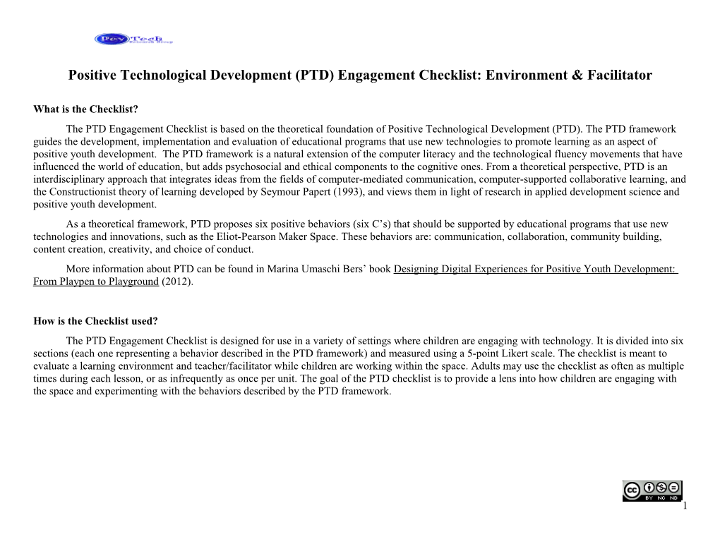 Positive Technological Development (PTD) Engagement Checklist: Environment & Facilitator