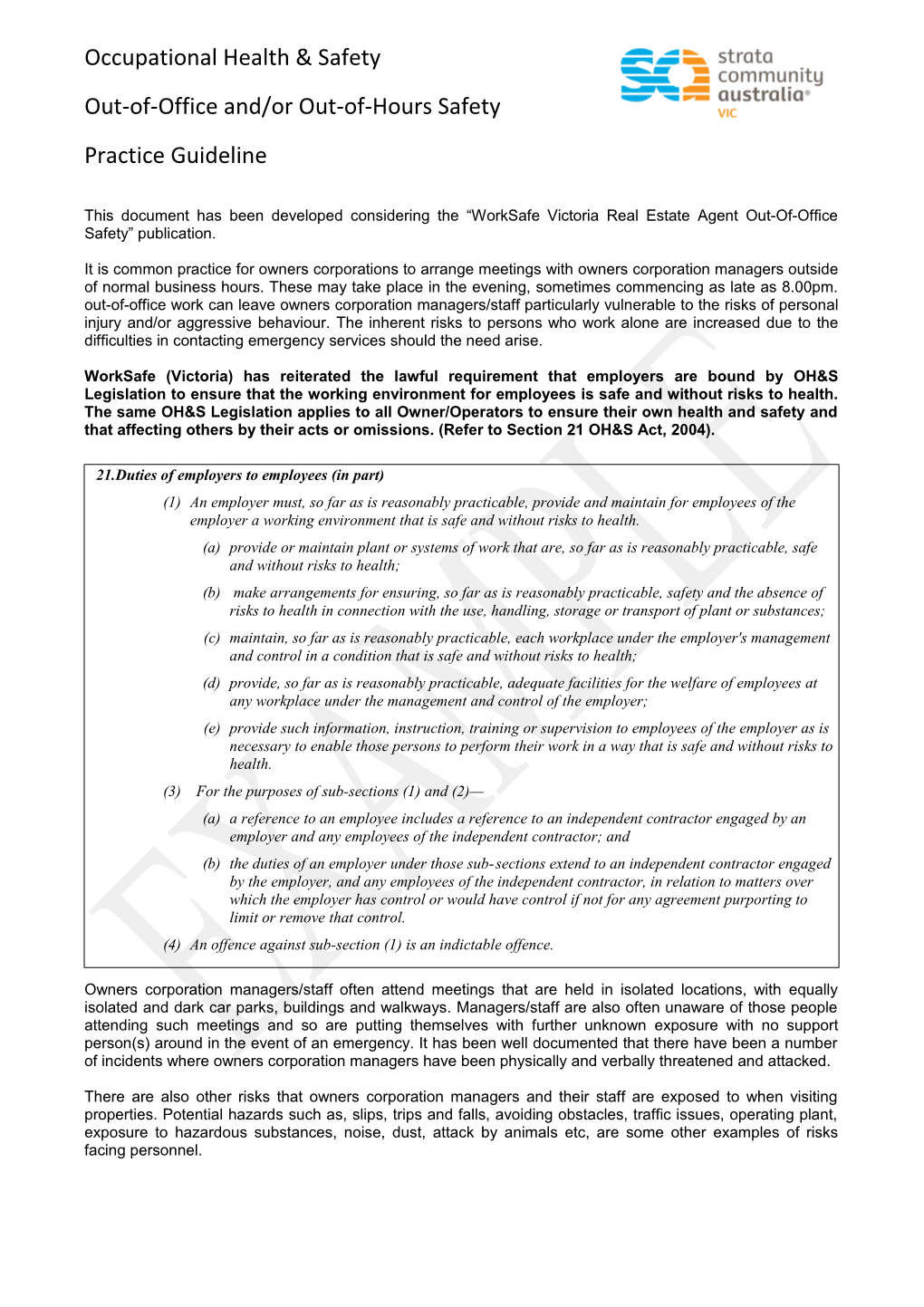 This Document Has Been Developed Considering the Worksafe Victoria Real Estate Agent