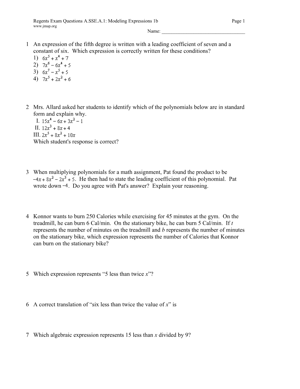 Regents Exam Questions A.SSE.A.1: Modeling Expressions 1Bpage 1