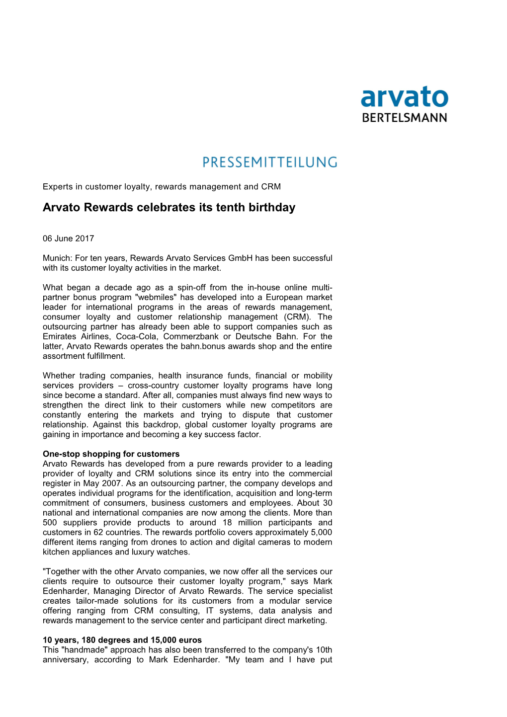 Arvato Rewards Celebrates Its Tenth Birthday