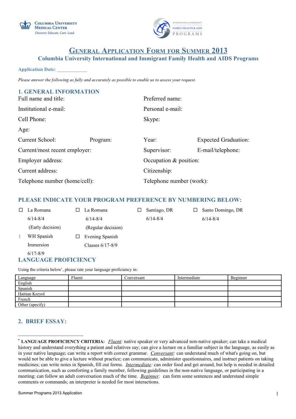 General Application Form for Summer 2013