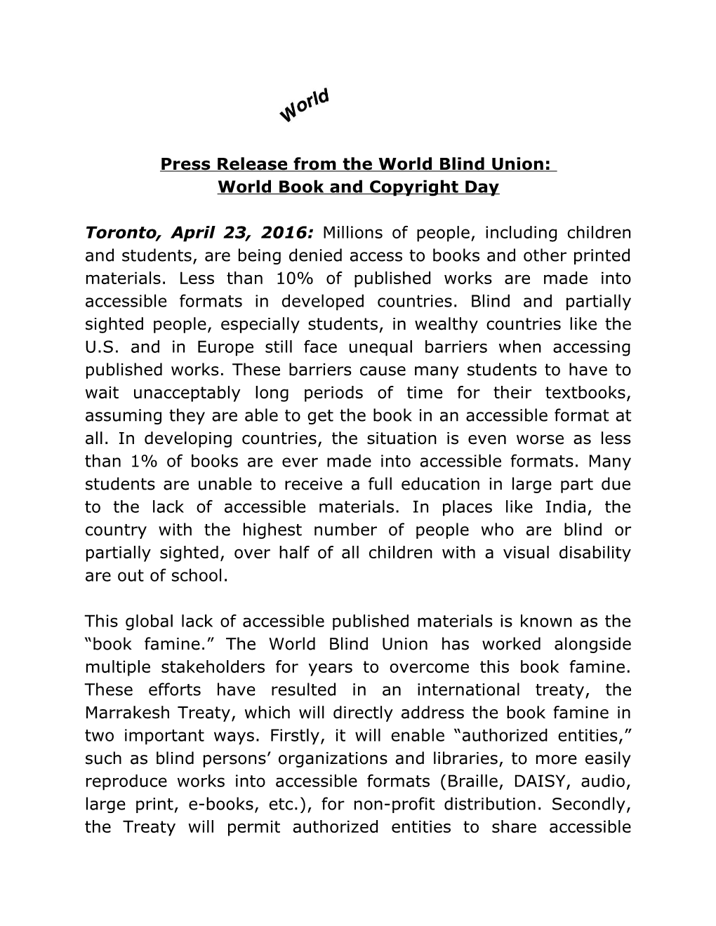 Press Release from the World Blind Union