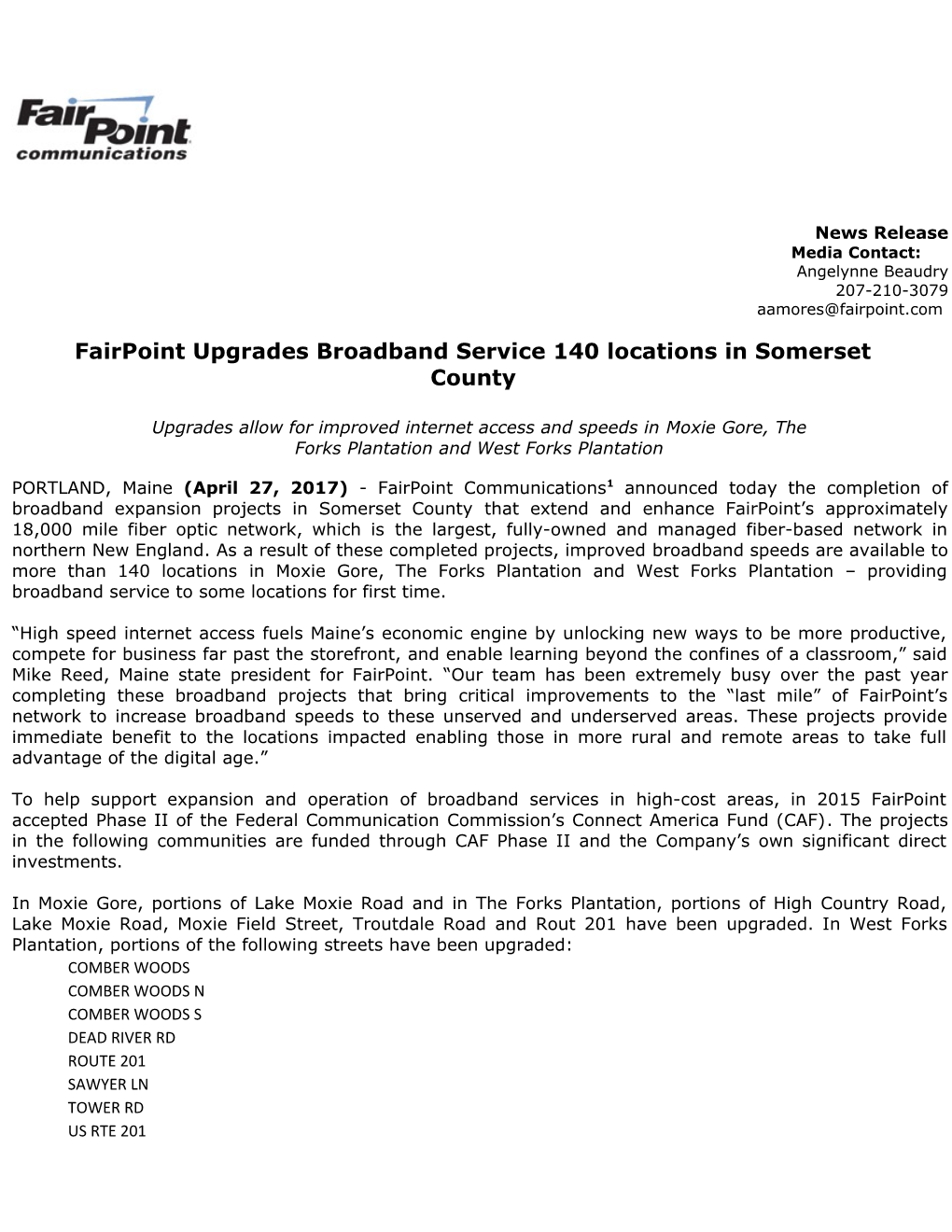 Fairpoint Upgrades Broadband Service 140 Locations in Somerset County