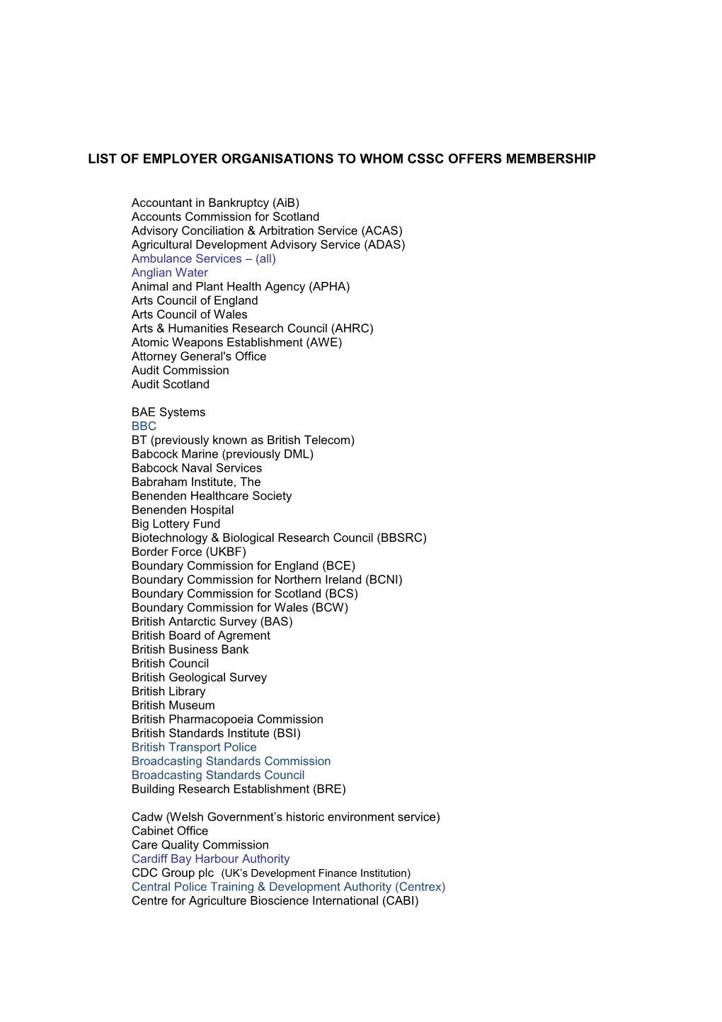 List of Employer Organisations to Whom Cssc Offers Full Membership