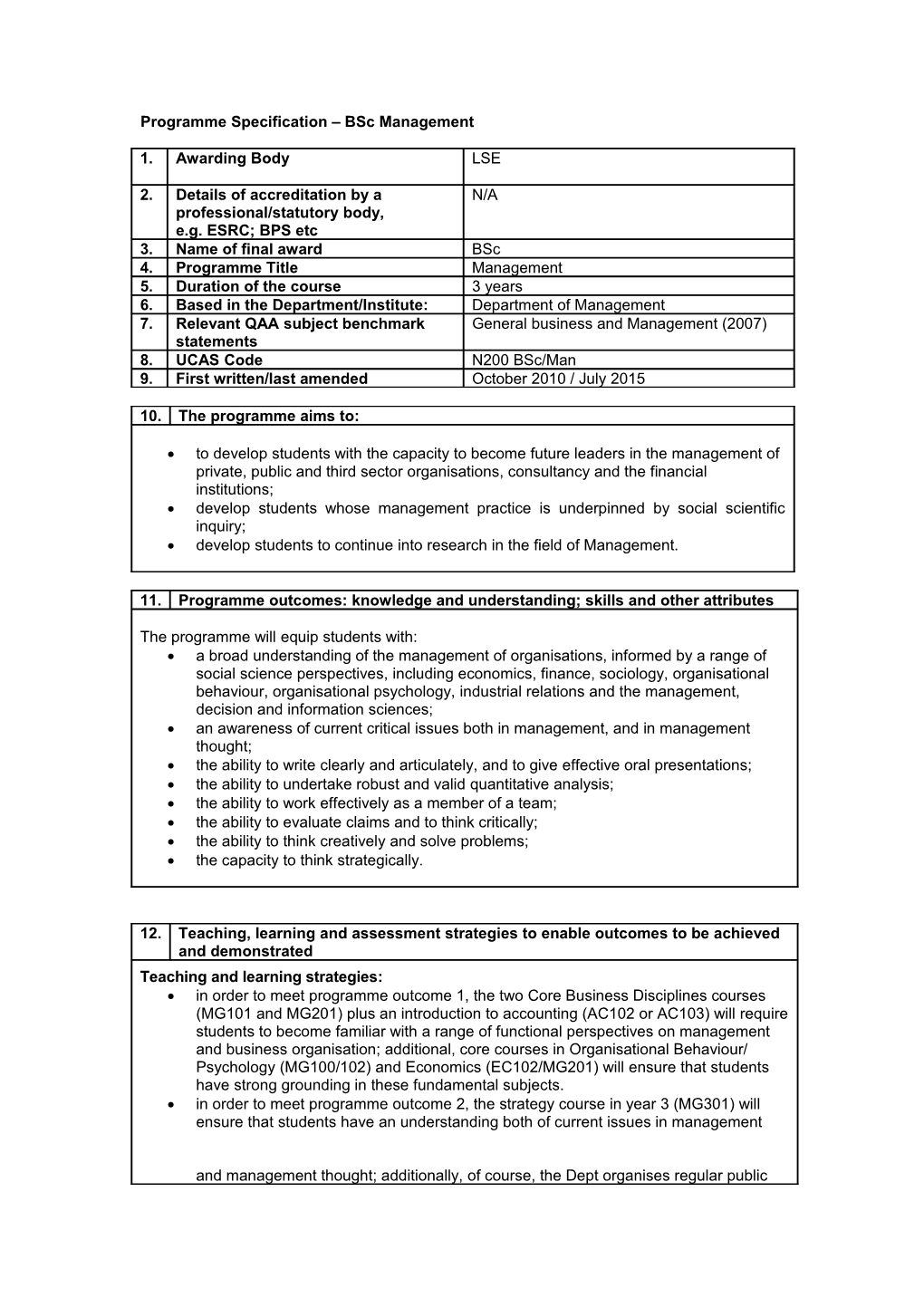 Programme Specification Bsc Management