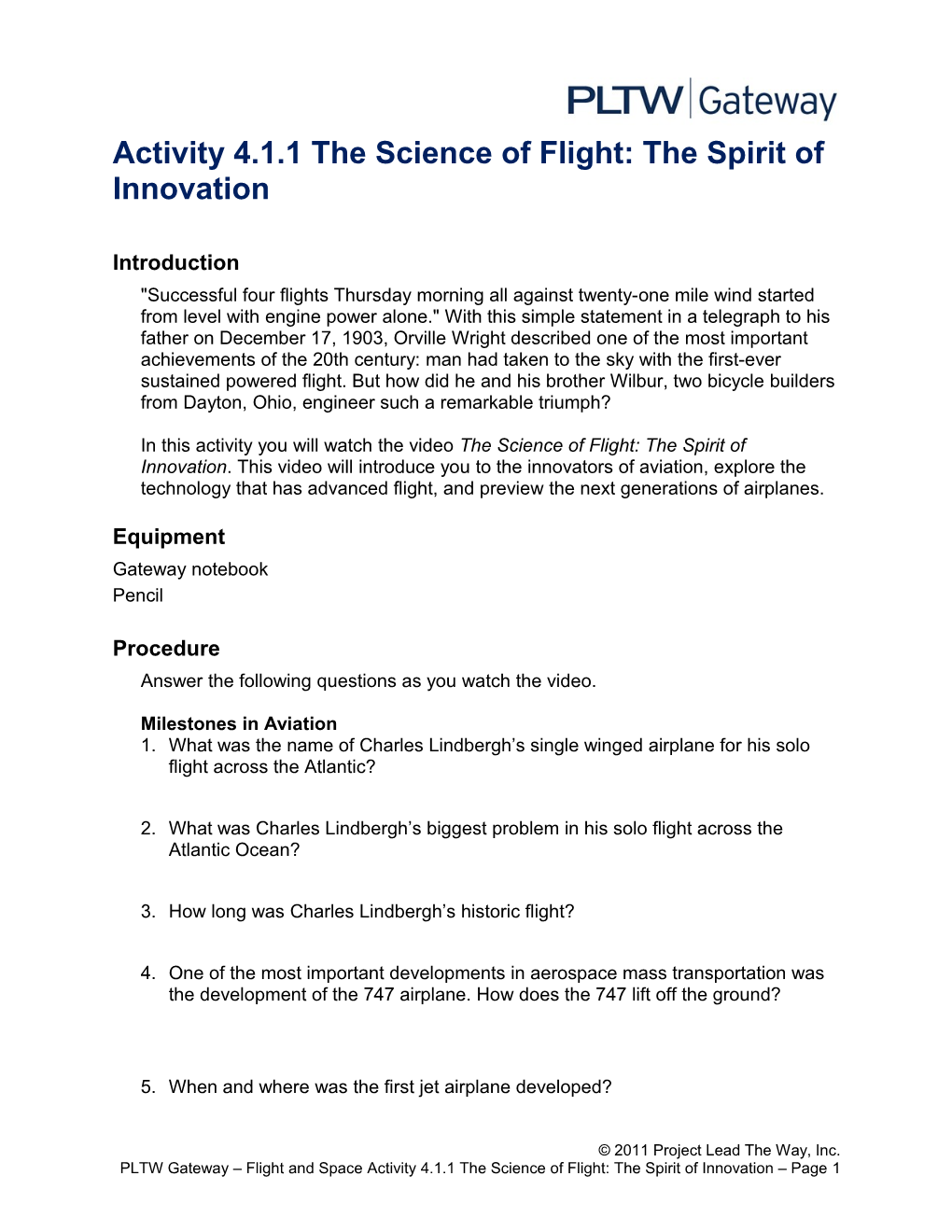 Activity 4.1.1 the Science of Flight: the Spirit of Innovation