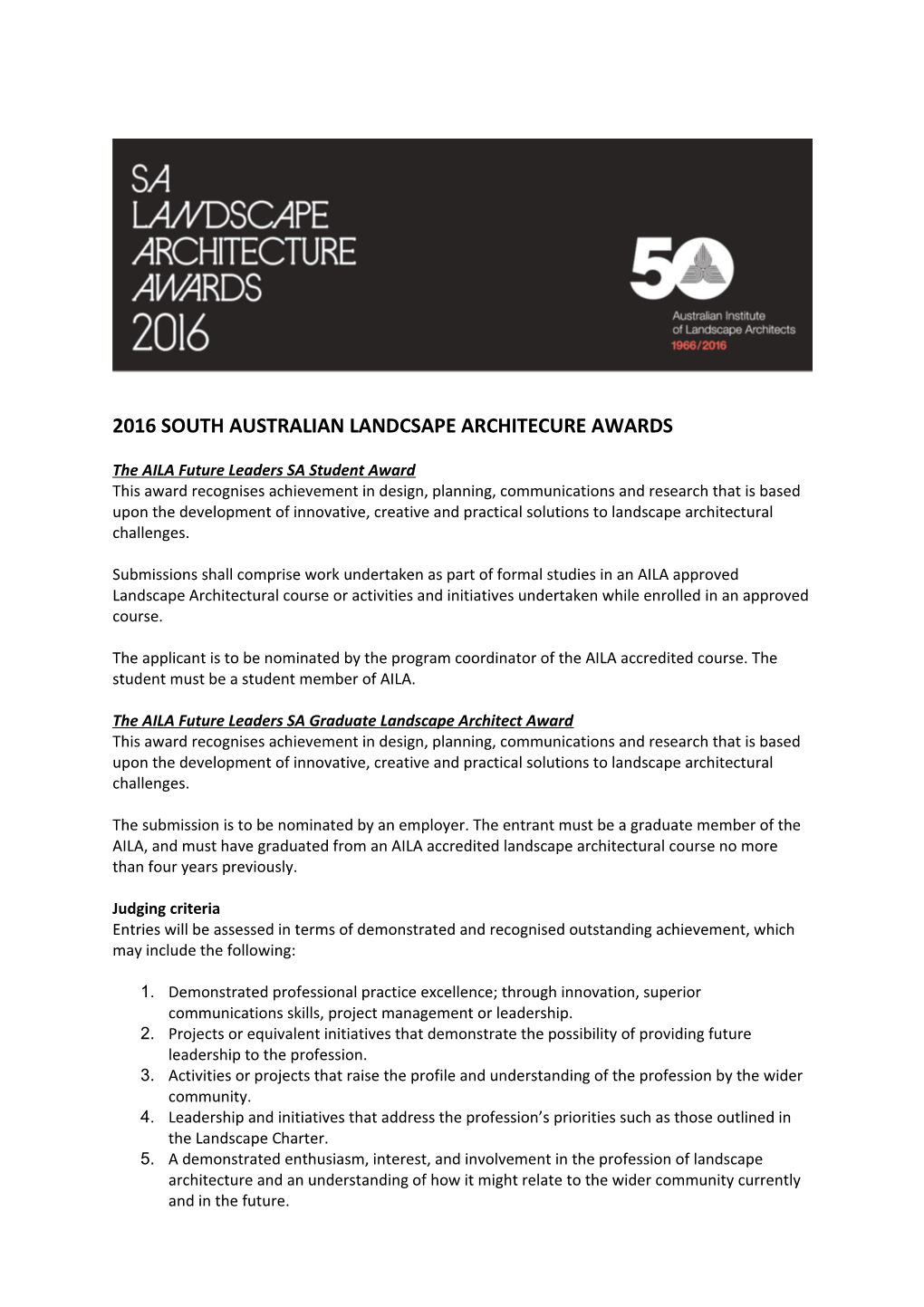 2016 SOUTH AUSTRALIAN LANDCSAPE ARCHITECURE Awards