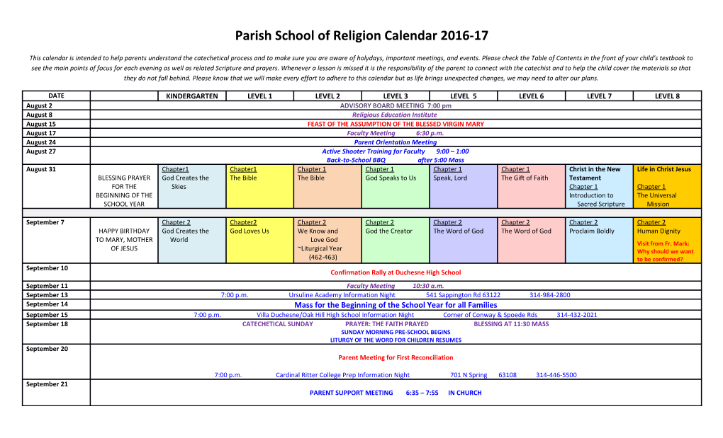 Parish School of Religion Calendar 2016-17