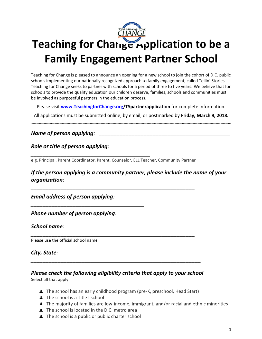 Teaching for Change Application to Be a Family Engagement Partner School